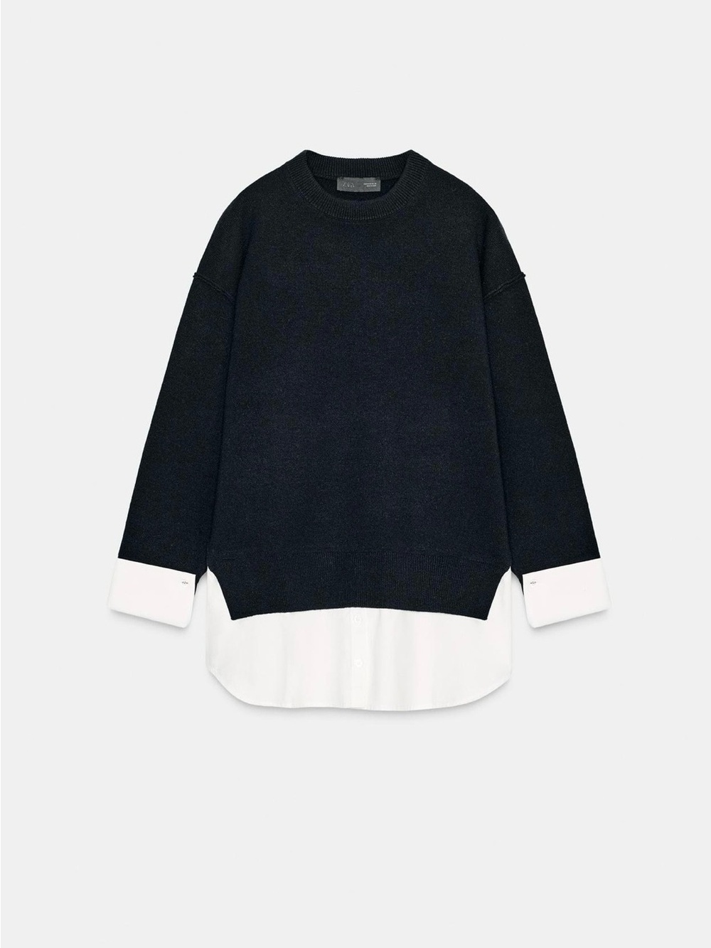 Women’s Navy Blue Layered-Look Sweater with White Shirt Hem